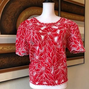 Vintage 🍒Cherry Red🍒 Floral Cutwork Blouse
